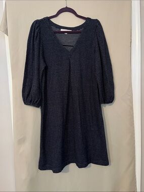 LOFT Navy and White Striped 3/4 Sleeve V-Neck A-Line Dress